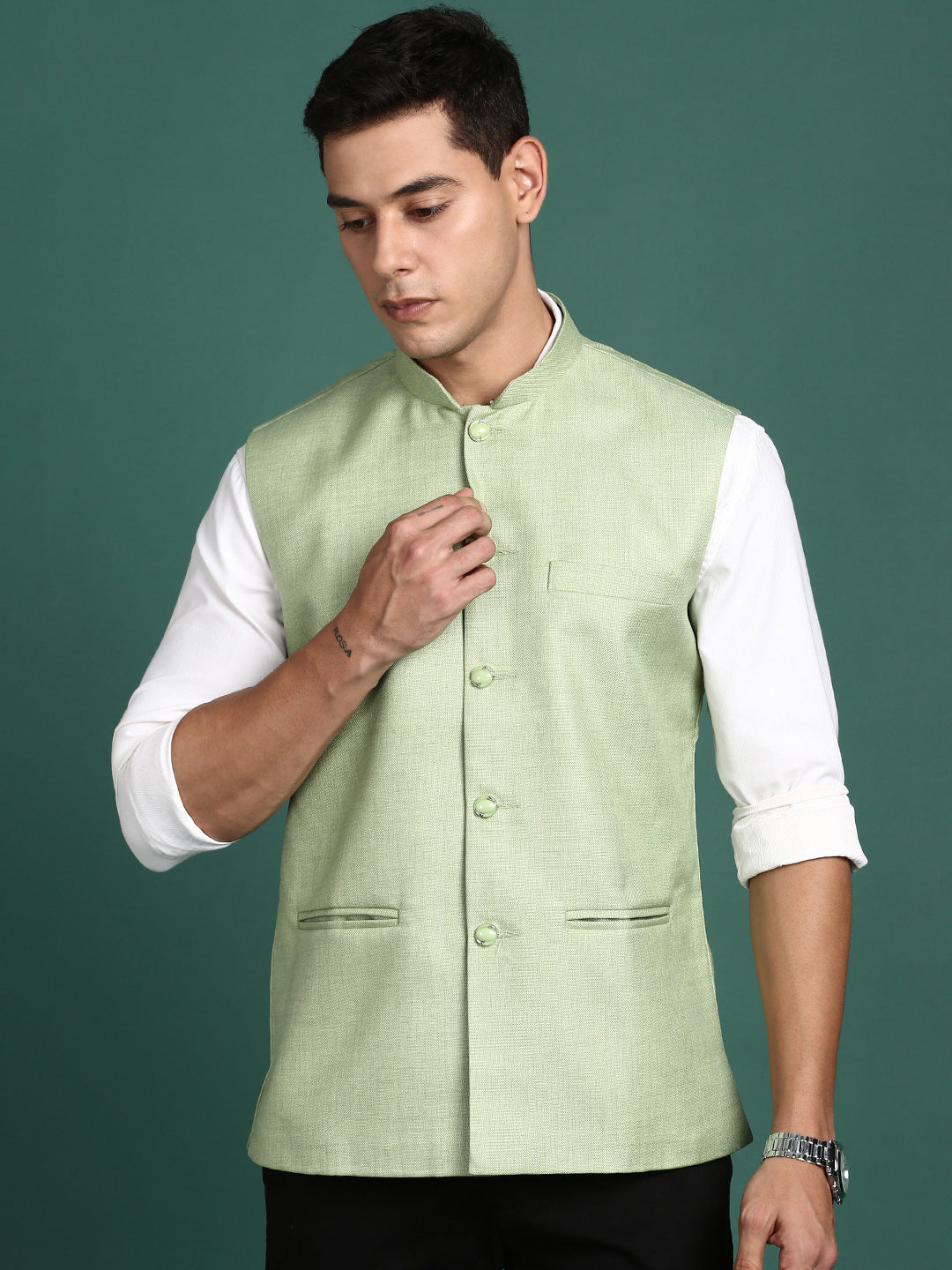 Men Solid Green Slim Fit Nehru Jacket