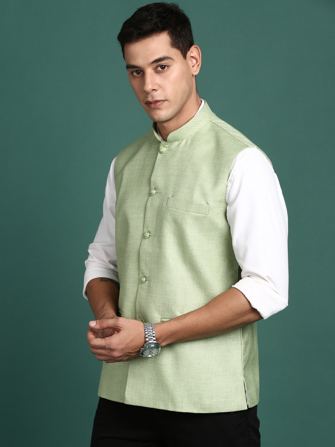 Men Solid Green Slim Fit Nehru Jacket