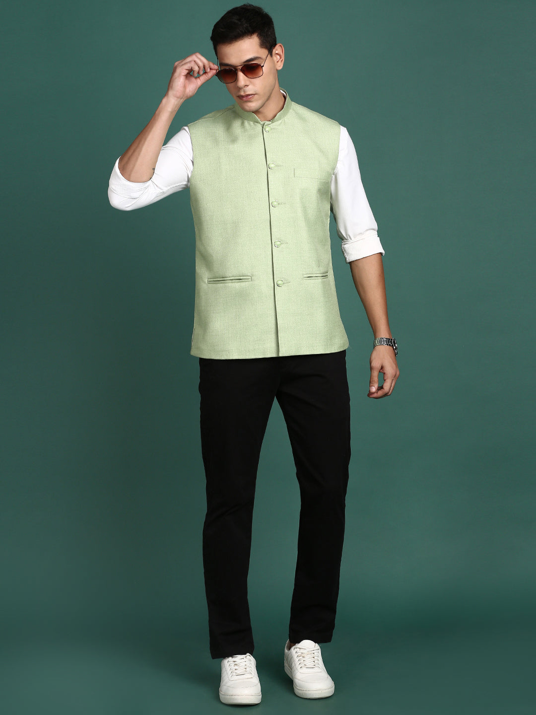 Men Solid Green Slim Fit Nehru Jacket