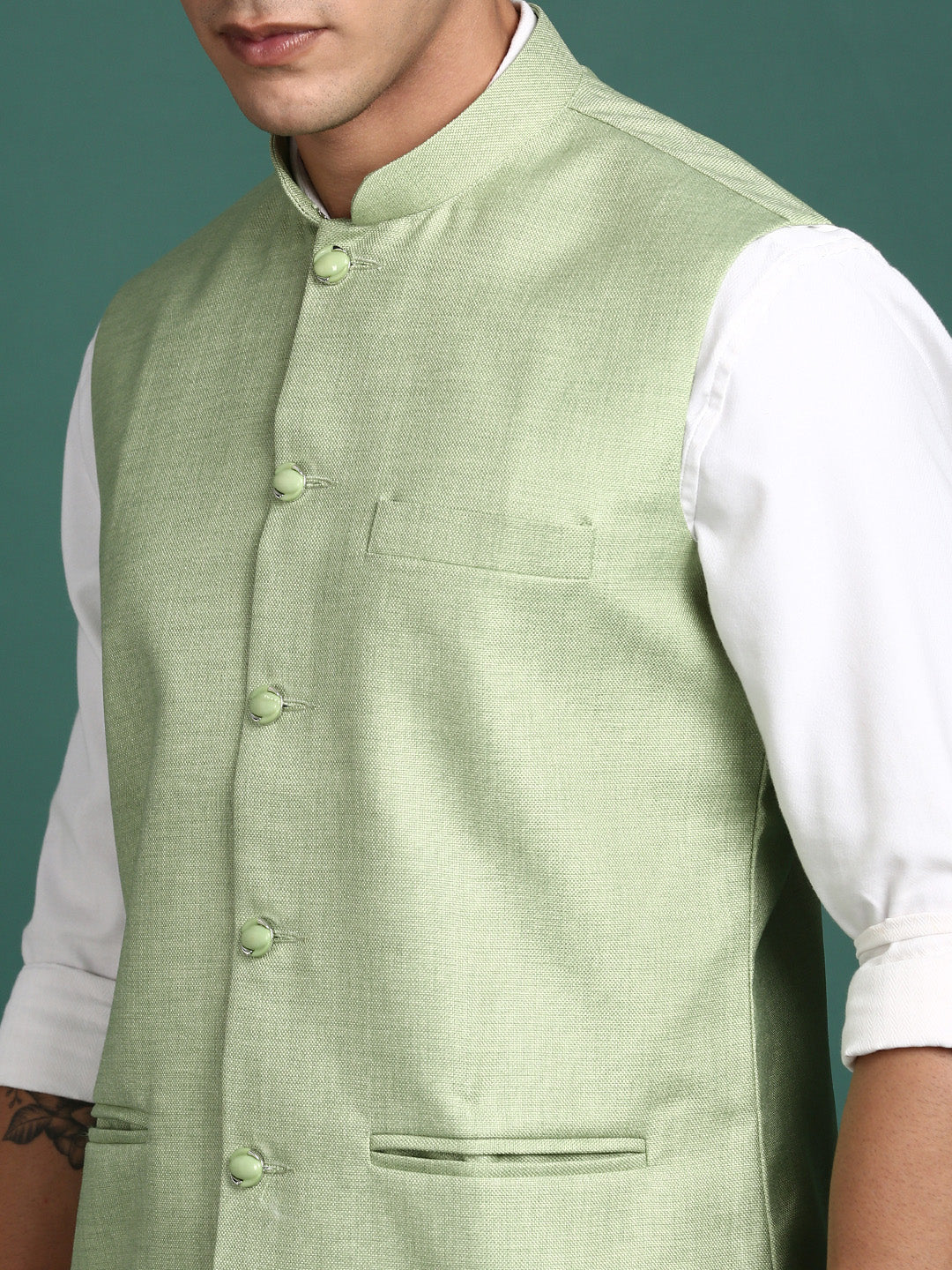 Men Solid Green Slim Fit Nehru Jacket