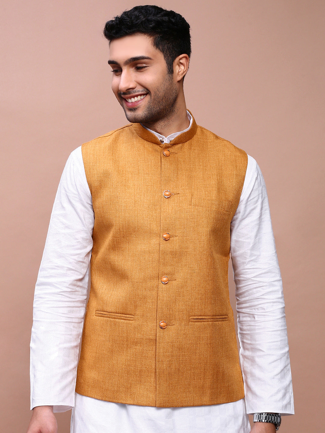 Men Solid Mustard Slim Fit Nehru Jacket