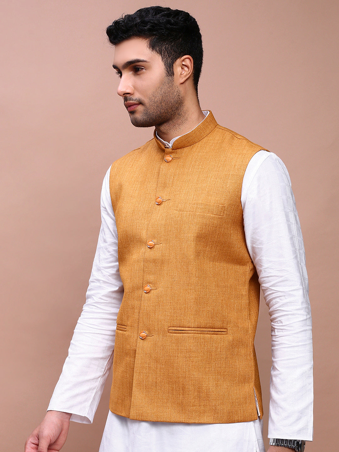 Men Solid Mustard Slim Fit Nehru Jacket