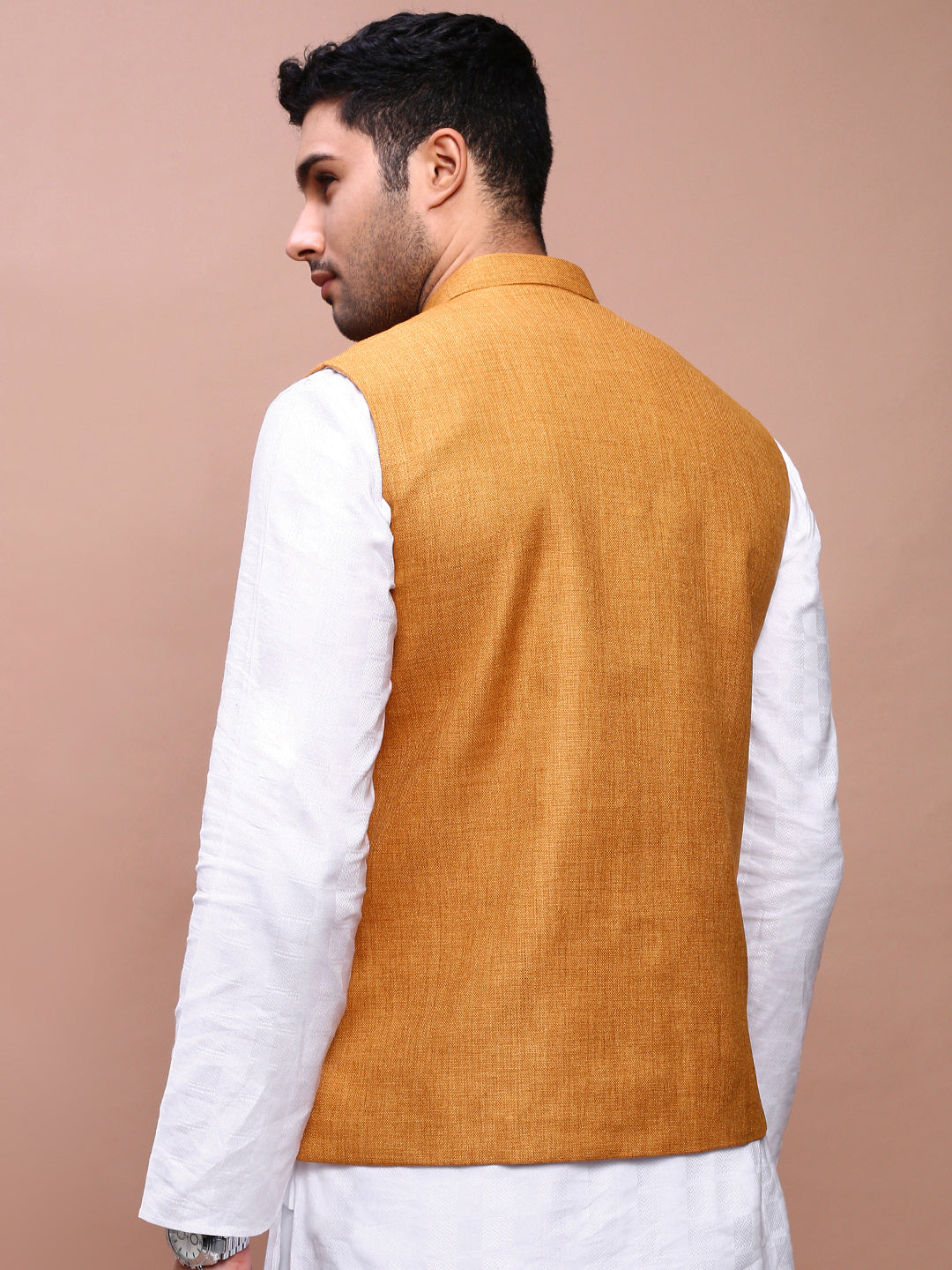 Men Solid Mustard Slim Fit Nehru Jacket