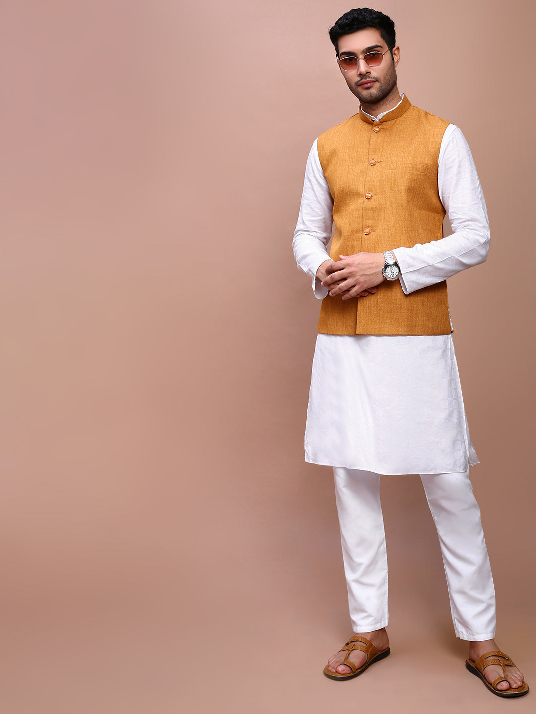 Men Solid Mustard Slim Fit Nehru Jacket