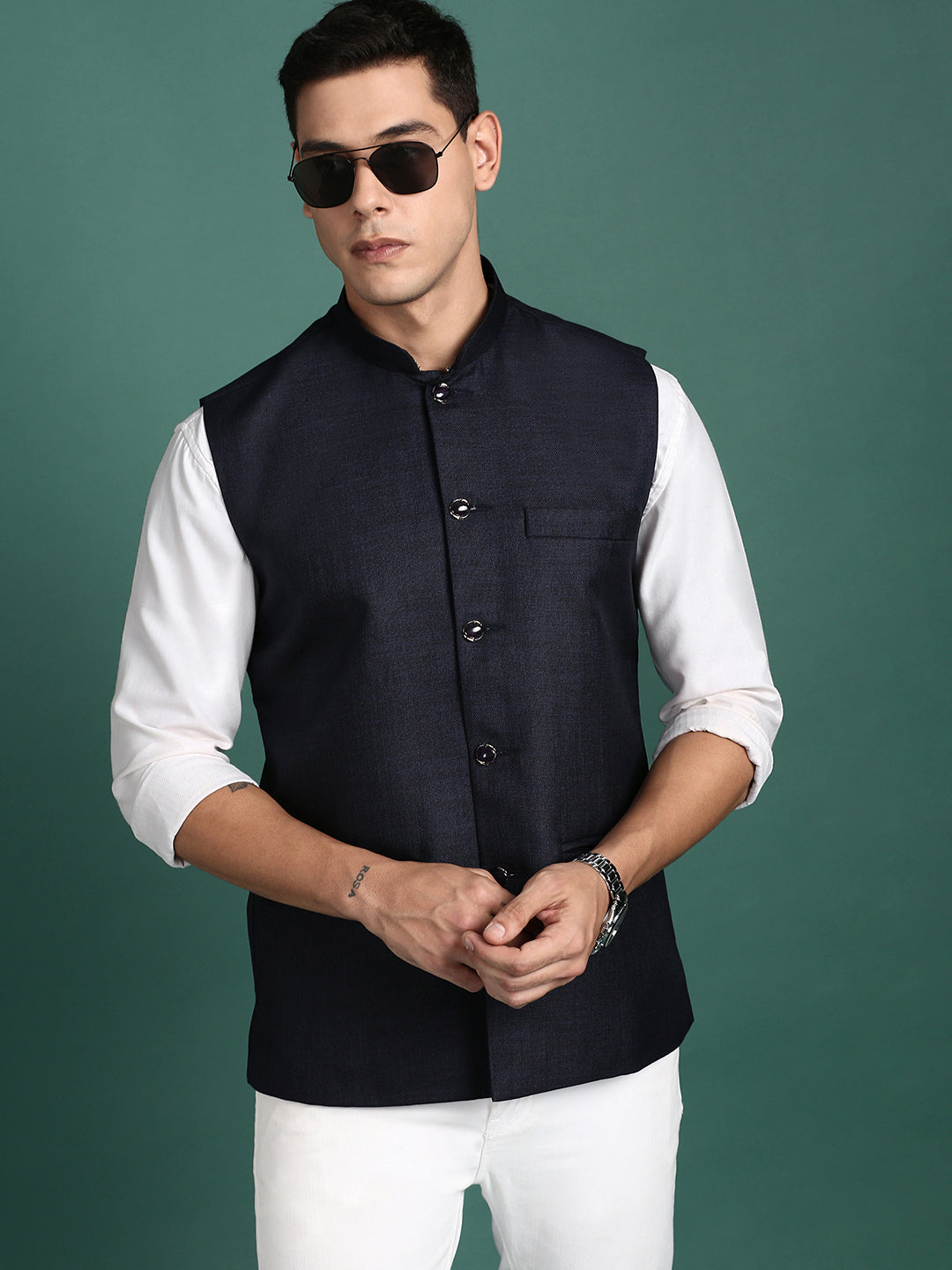 Men Solid Navy Blue Slim Fit Nehru Jacket