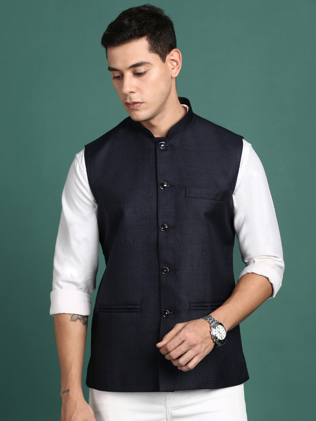 Men Solid Navy Blue Slim Fit Nehru Jacket