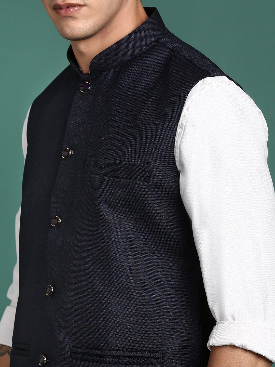 Men Solid Navy Blue Slim Fit Nehru Jacket