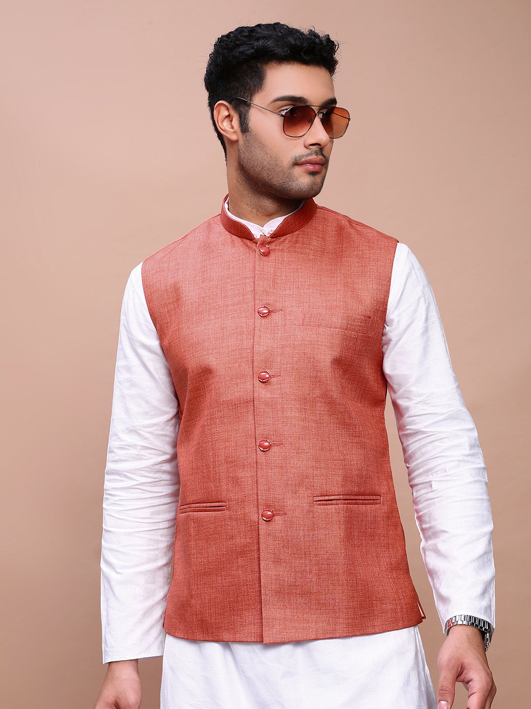 Men Solid Orange Slim Fit Nehru Jacket