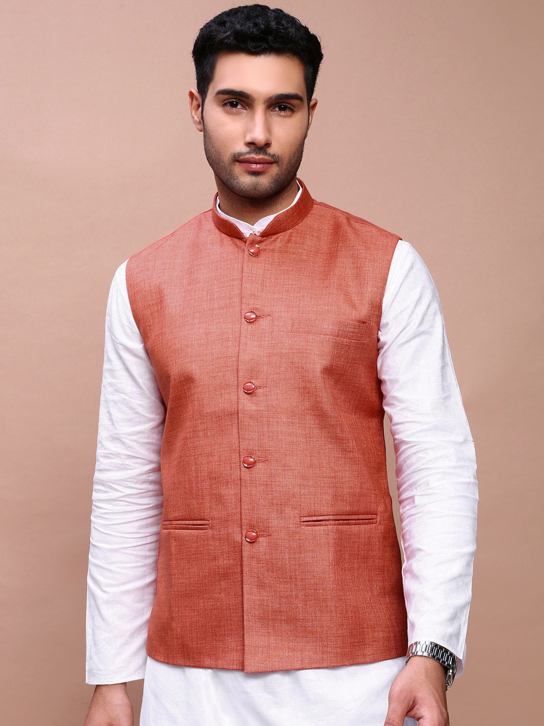 Men Solid Orange Slim Fit Nehru Jacket