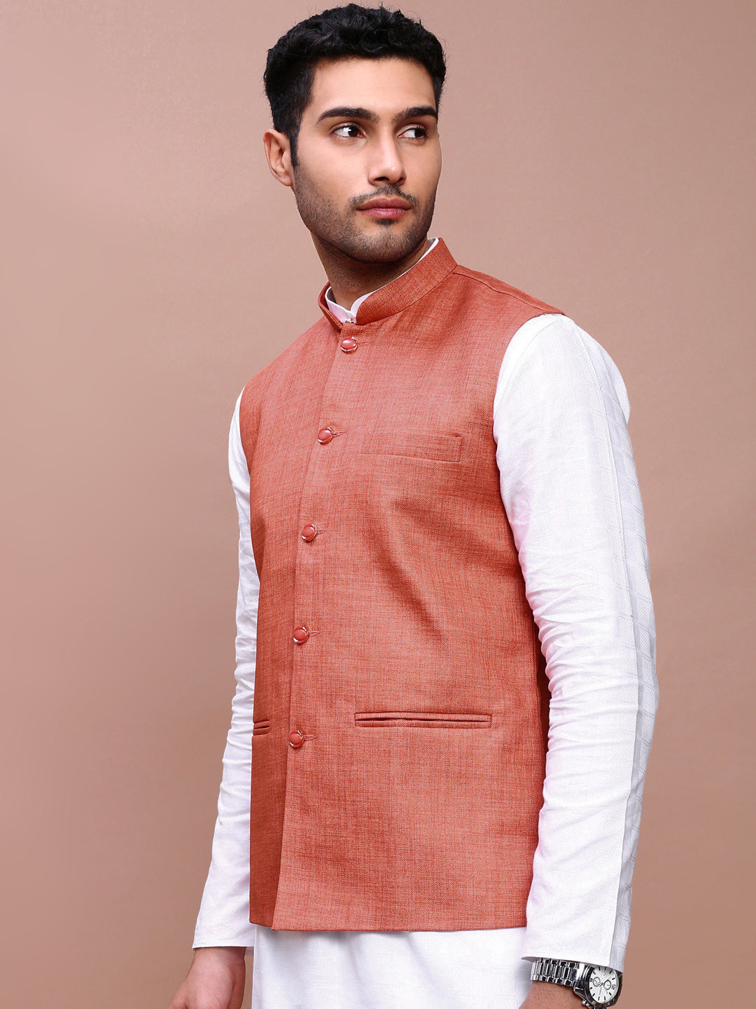 Men Solid Orange Slim Fit Nehru Jacket