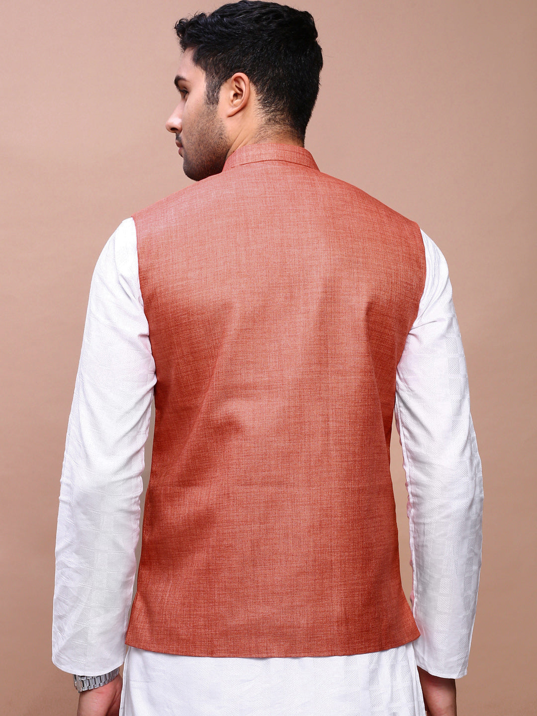 Men Solid Orange Slim Fit Nehru Jacket