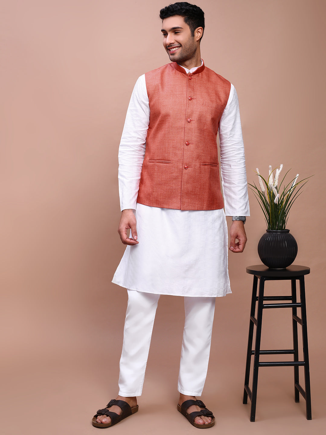 Men Solid Orange Slim Fit Nehru Jacket