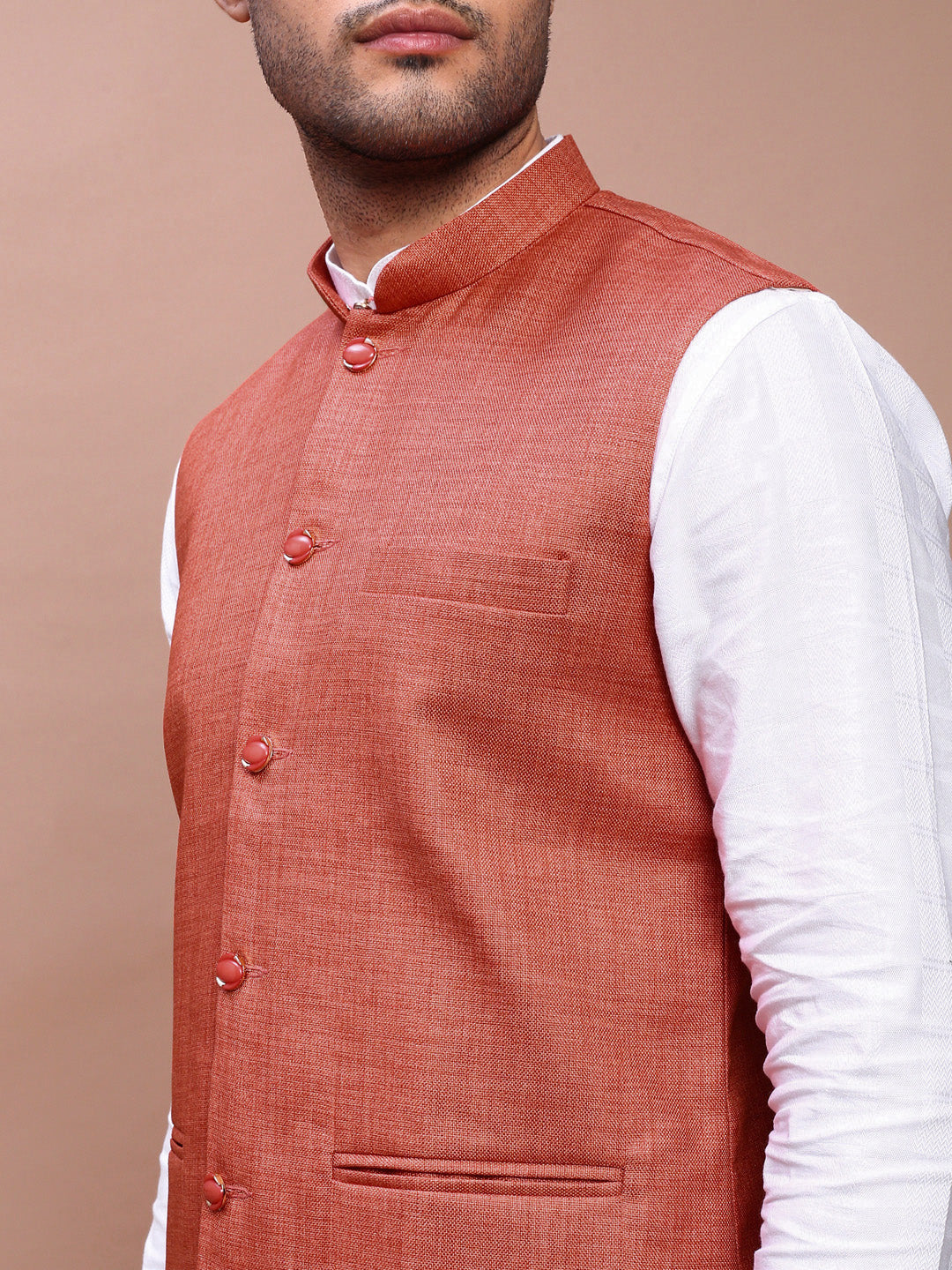 Men Solid Orange Slim Fit Nehru Jacket