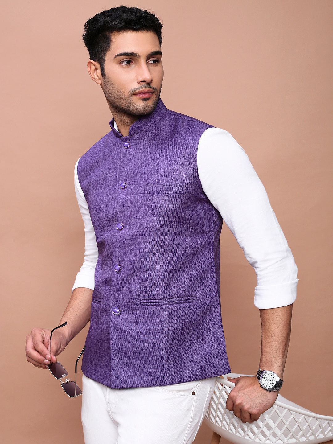 Men Solid Purple Slim Fit Nehru Jacket