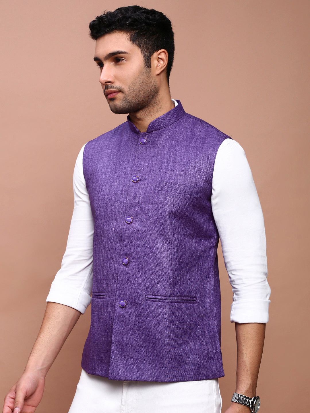 Men Solid Purple Slim Fit Nehru Jacket