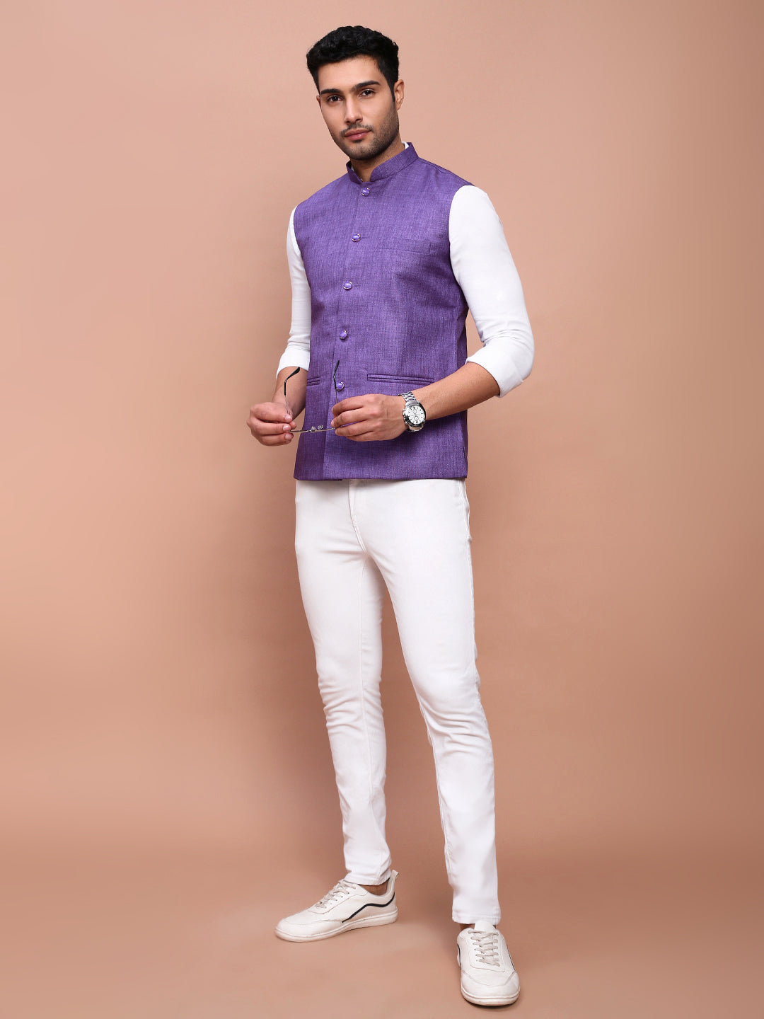 Men Solid Purple Slim Fit Nehru Jacket