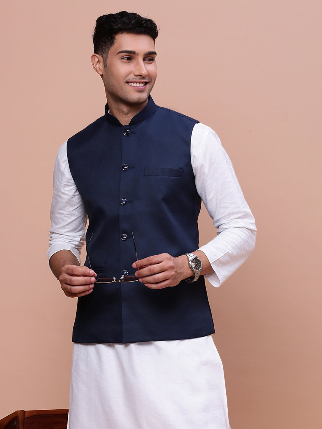 Men Solid Blue Slim Fit Nehru Jacket