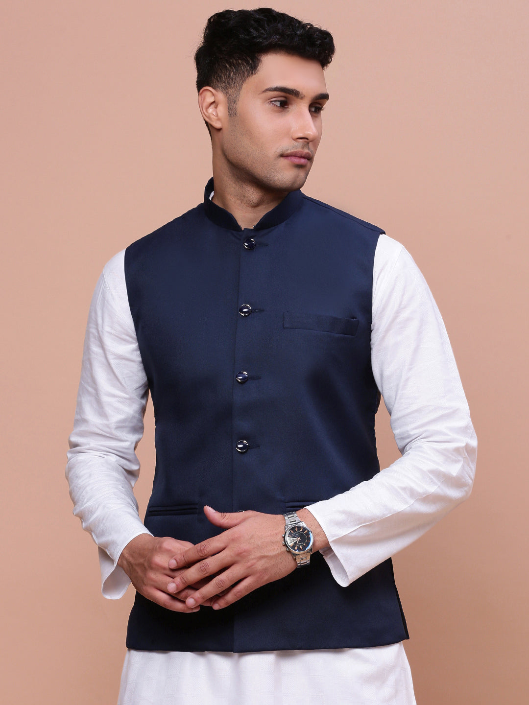 Men Solid Blue Slim Fit Nehru Jacket