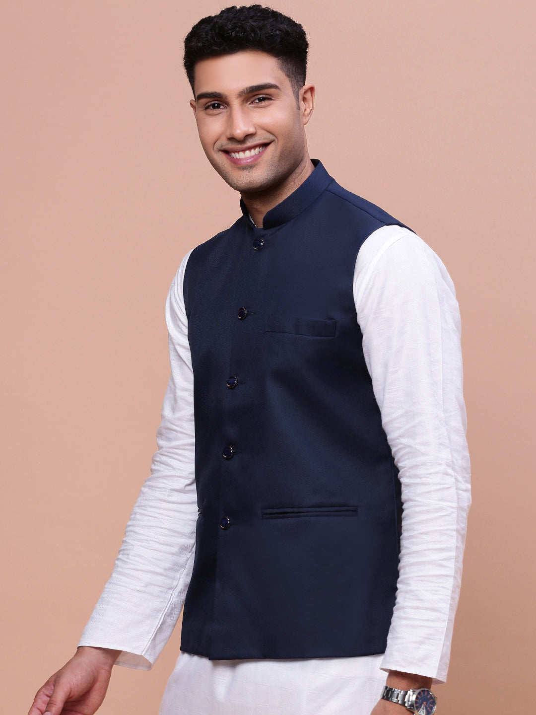 Men Solid Blue Slim Fit Nehru Jacket