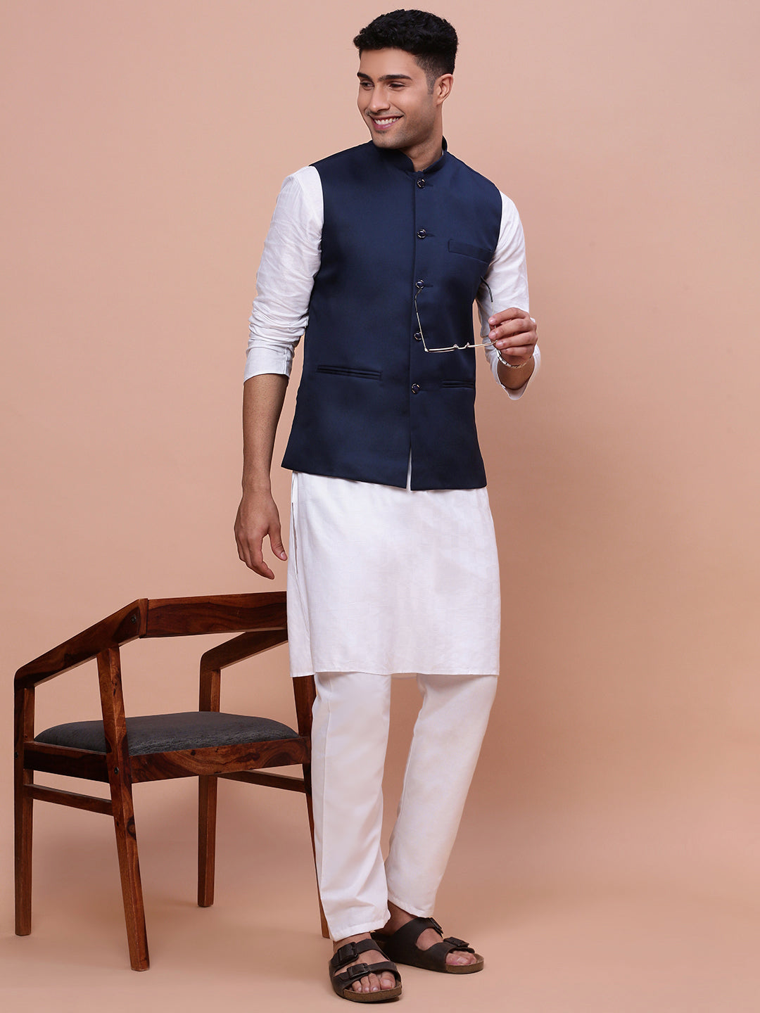 Men Solid Blue Slim Fit Nehru Jacket