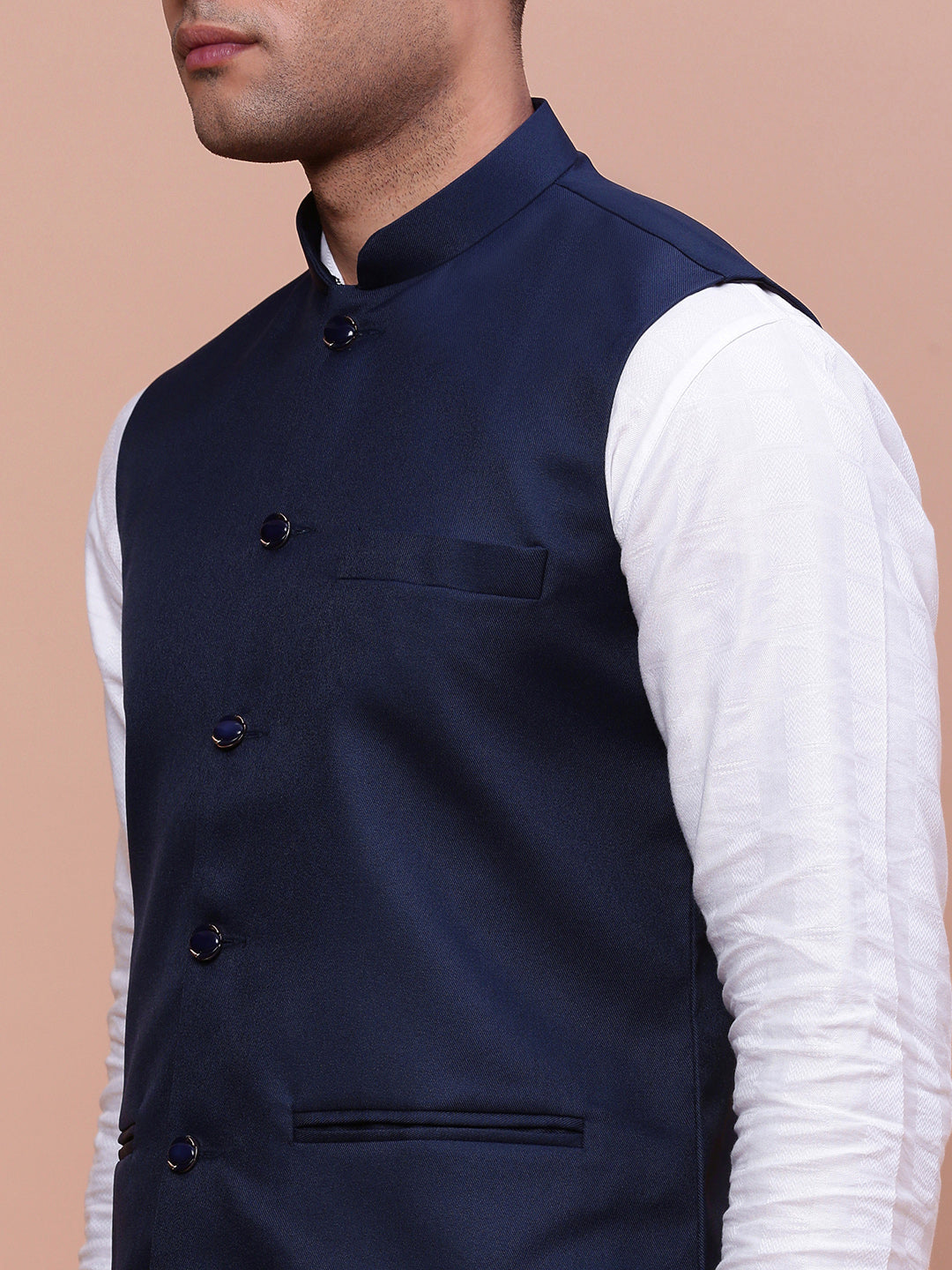 Men Solid Blue Slim Fit Nehru Jacket