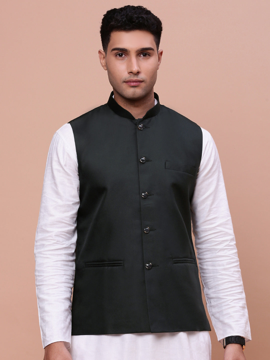 Men Solid Charcoal Slim Fit Nehru Jacket