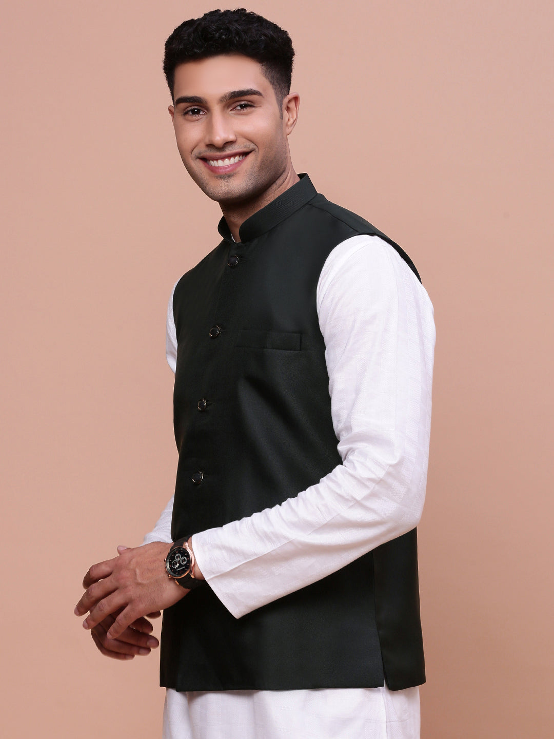 Men Solid Charcoal Slim Fit Nehru Jacket