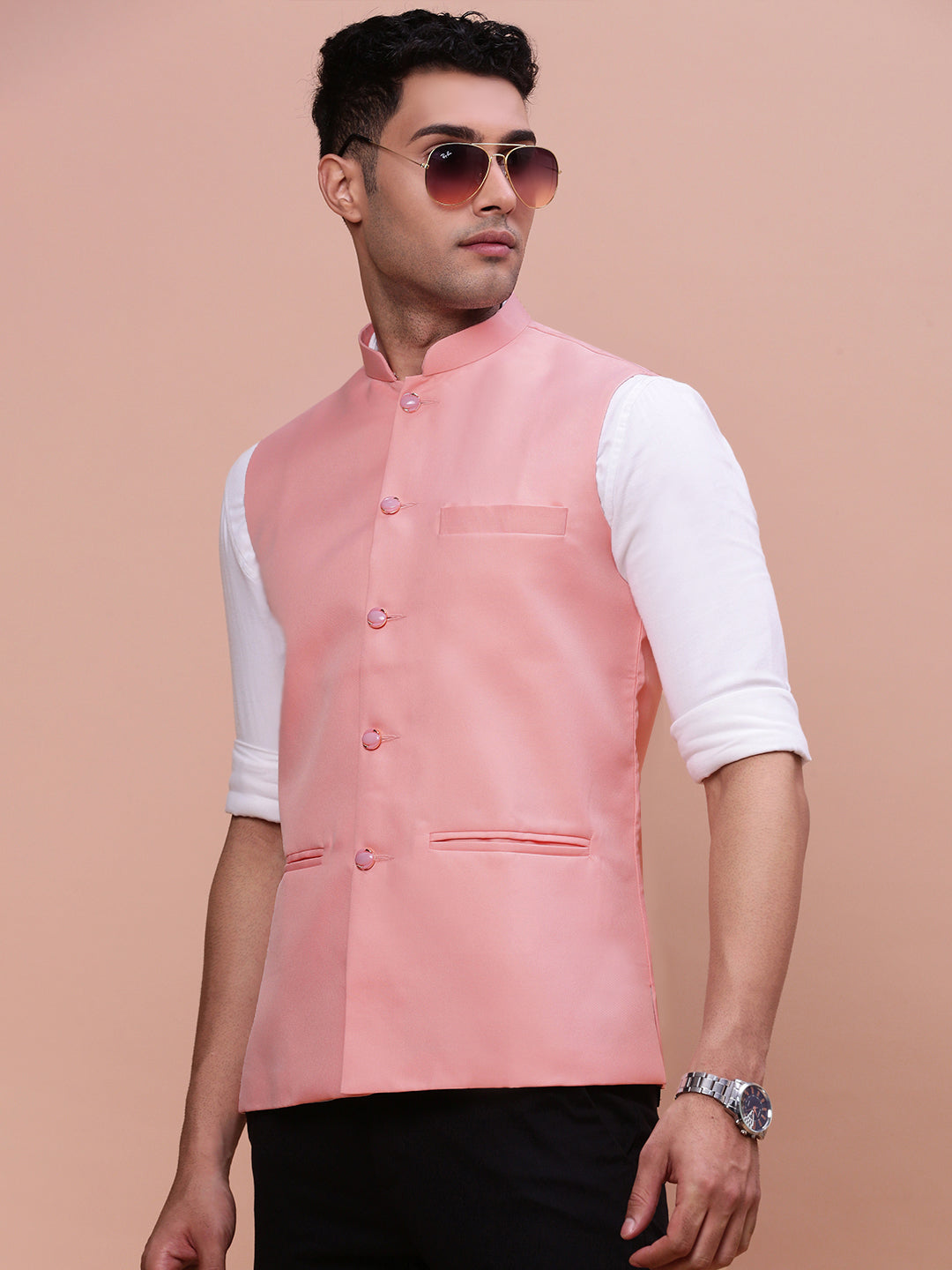 Men Solid Peach Slim Fit Nehru Jacket