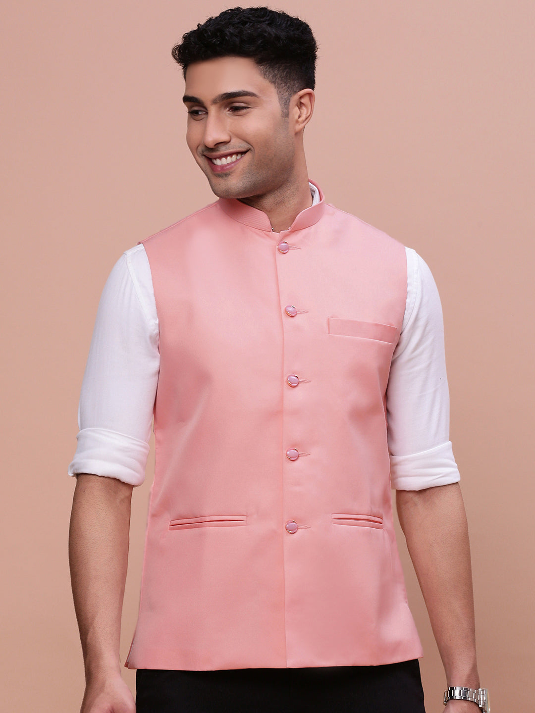 Men Solid Peach Slim Fit Nehru Jacket