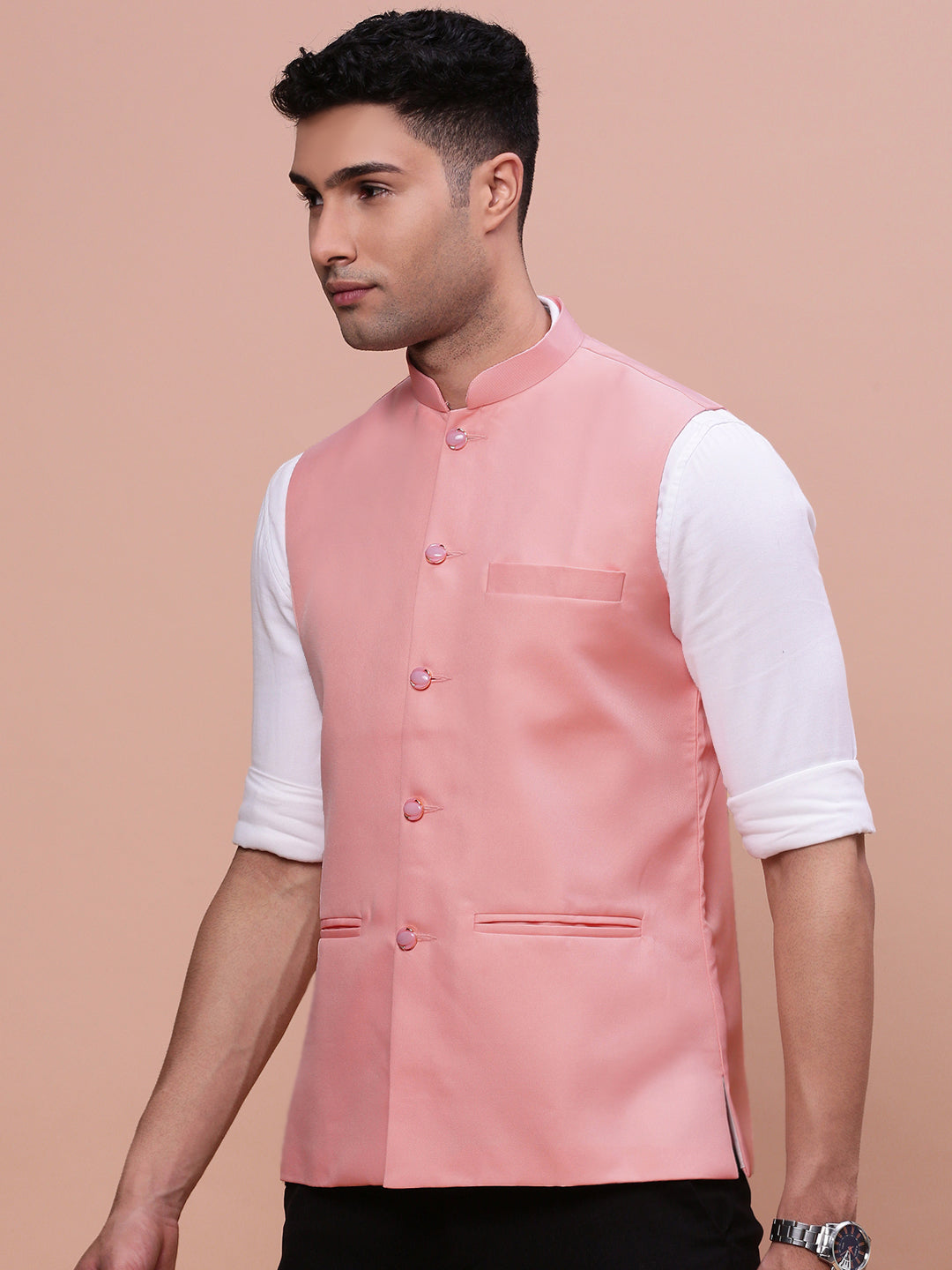 Men Solid Peach Slim Fit Nehru Jacket