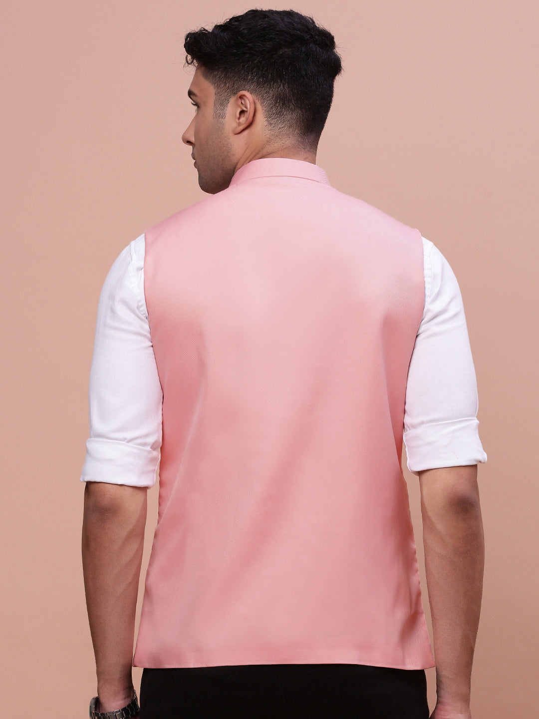 Men Solid Peach Slim Fit Nehru Jacket