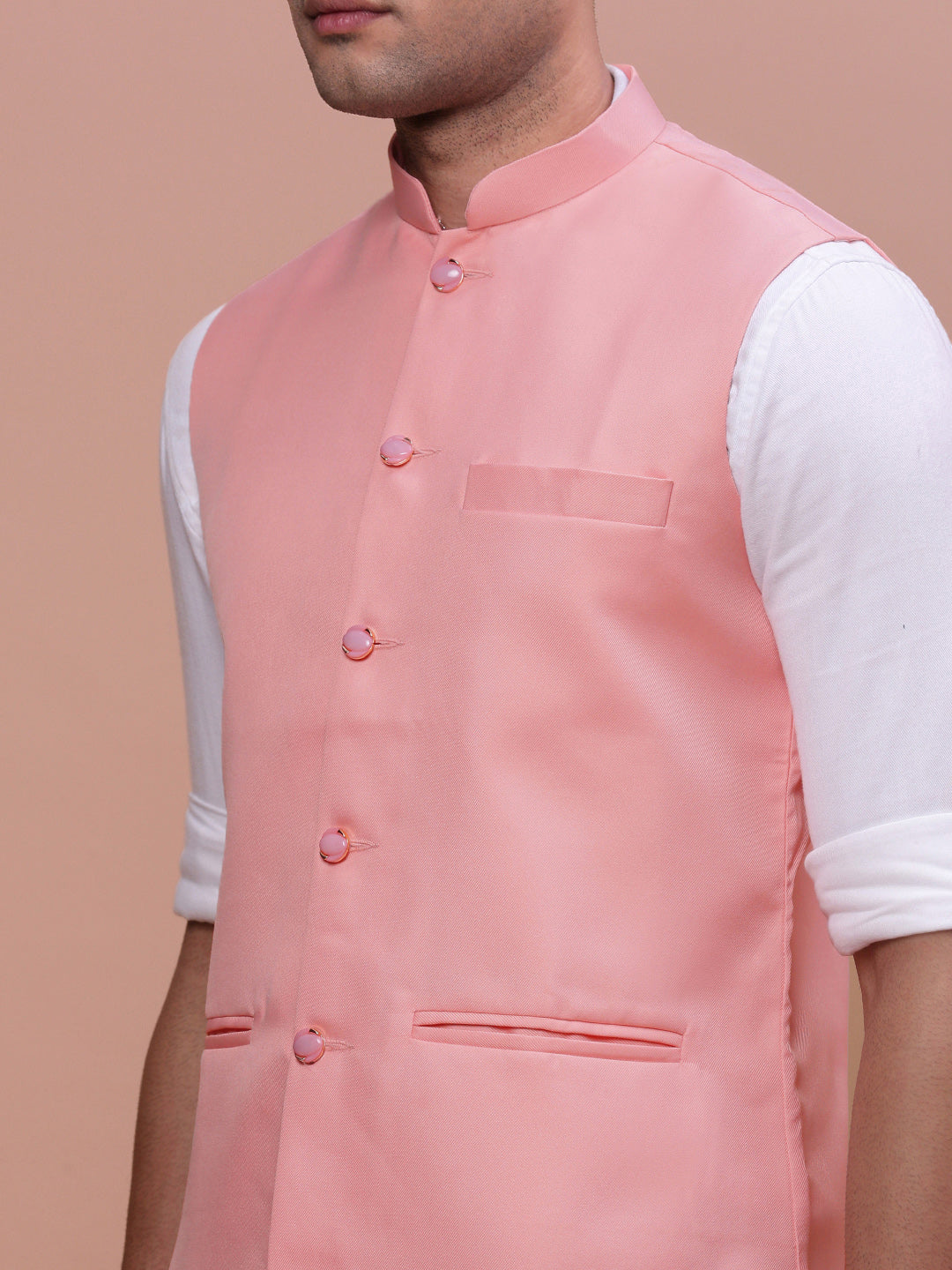 Men Solid Peach Slim Fit Nehru Jacket