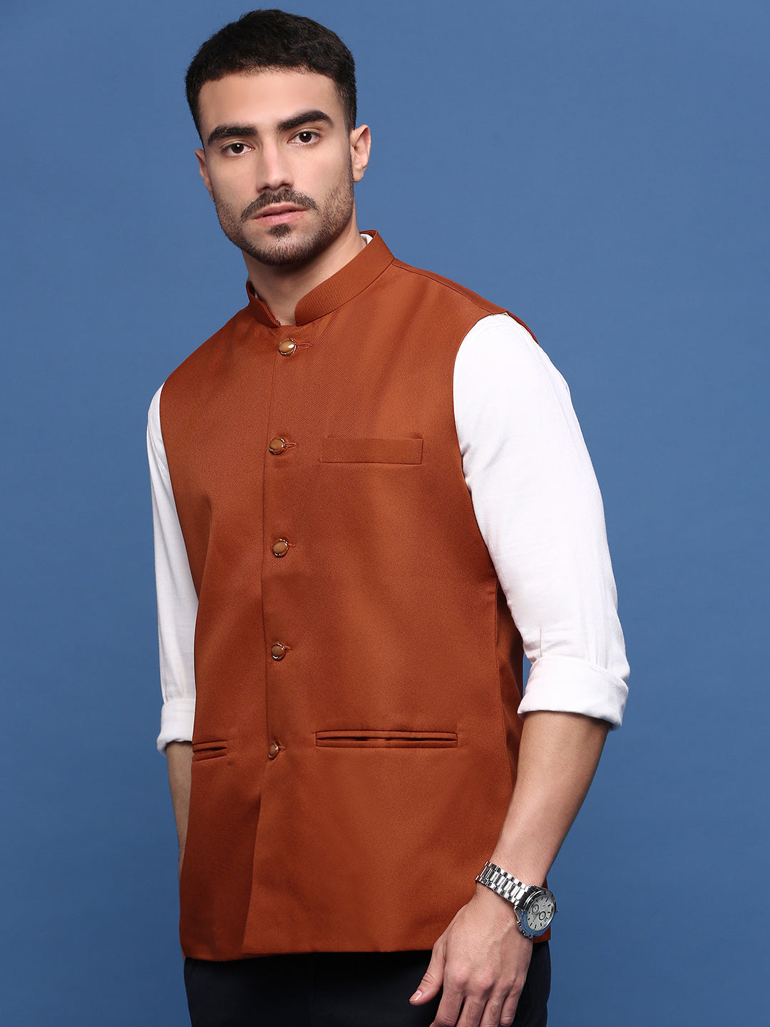 Men Solid Rust Slim Fit Nehru Jacket