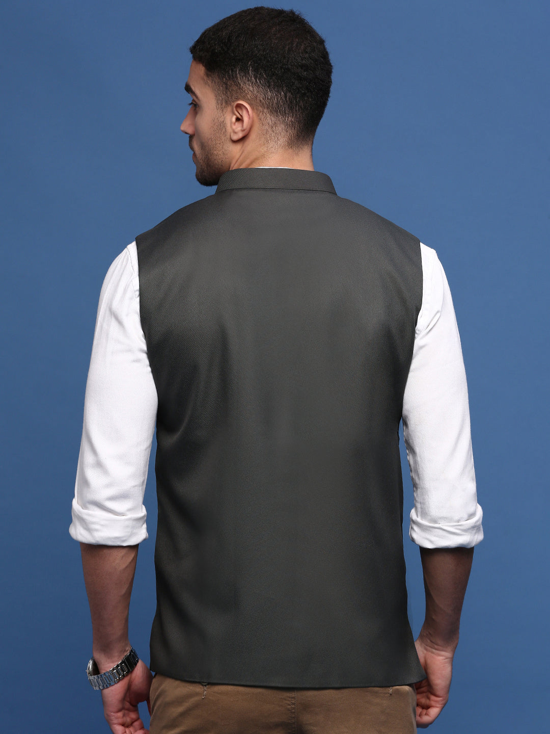 Men Solid Charcoal Slim Fit Nehru Jacket