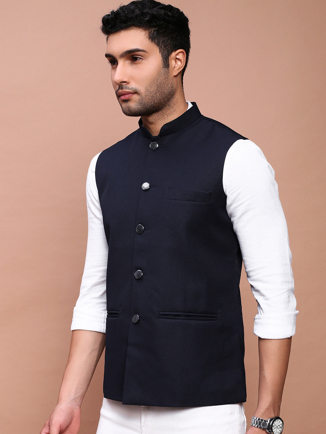 Men Solid Navy Blue Slim Fit Nehru Jacket