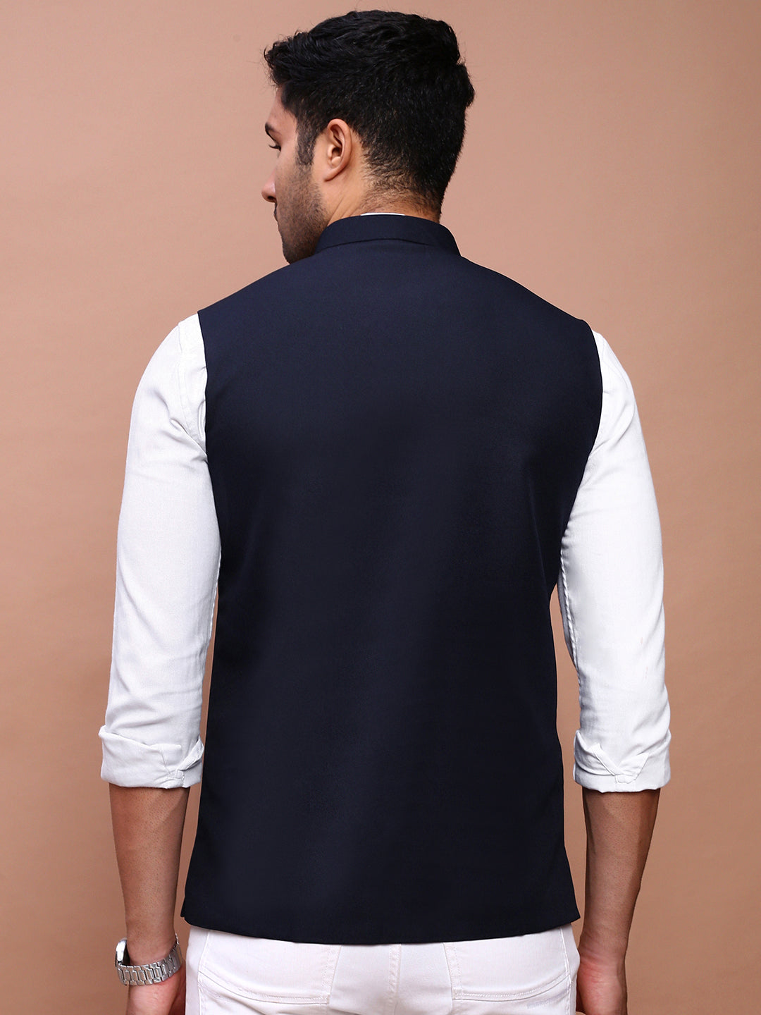 Men Solid Navy Blue Slim Fit Nehru Jacket