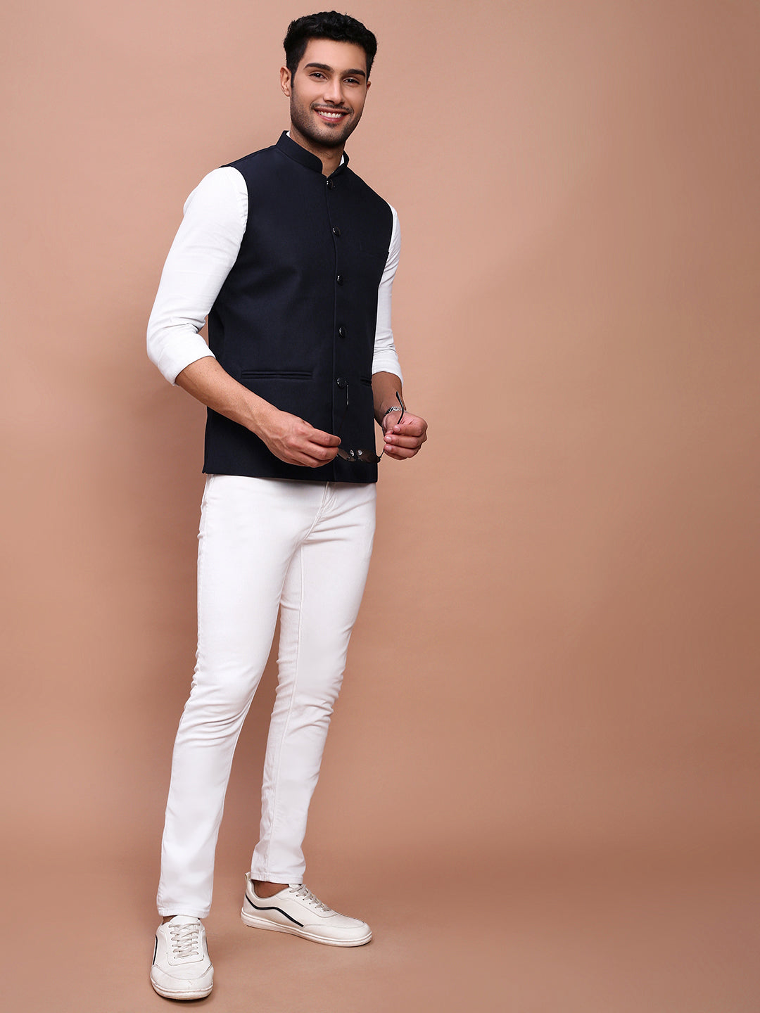 Men Solid Navy Blue Slim Fit Nehru Jacket