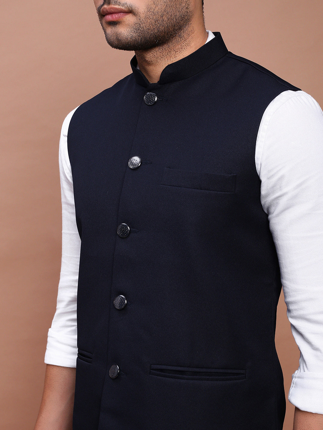 Men Solid Navy Blue Slim Fit Nehru Jacket