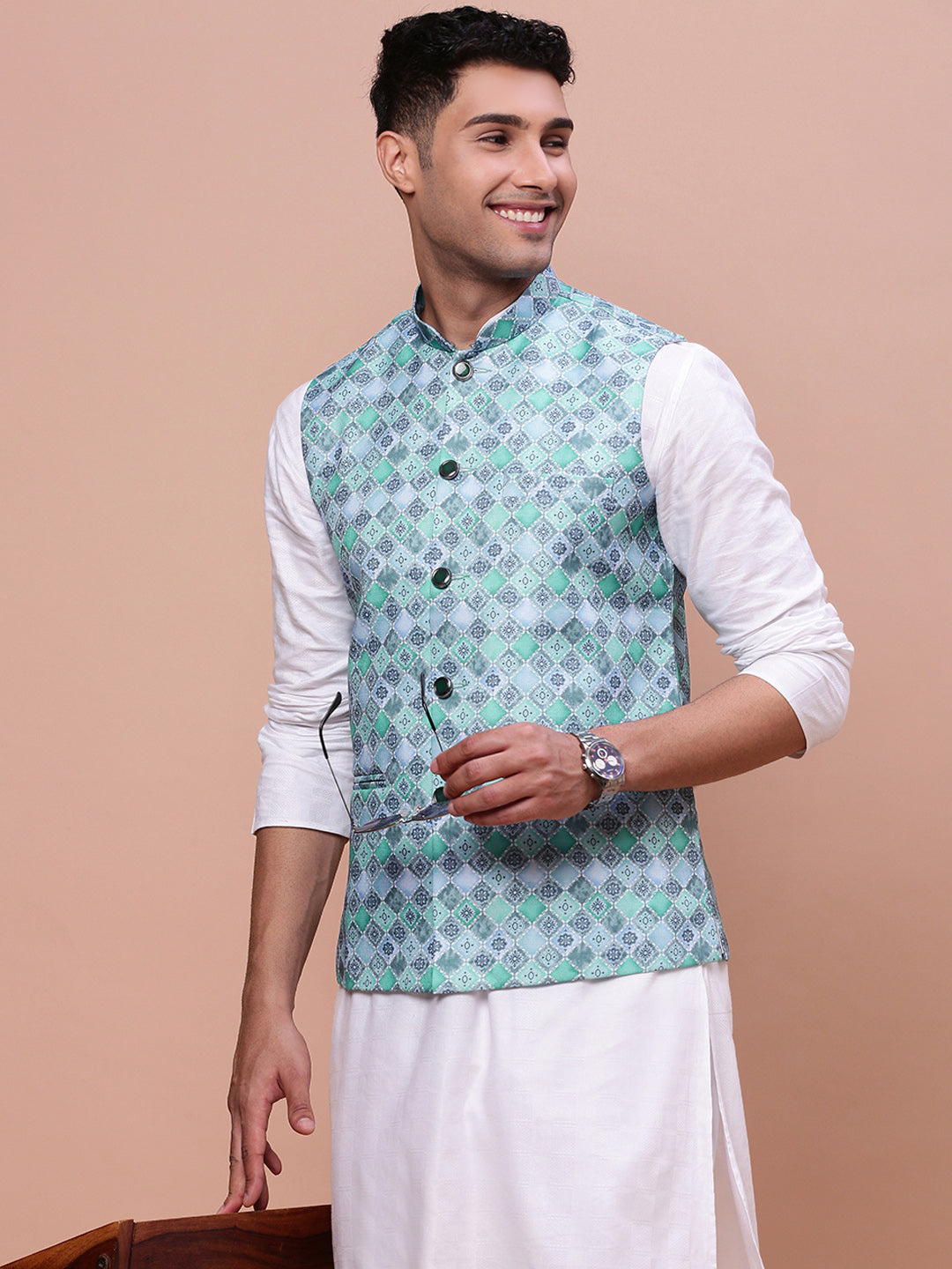 Men Printed Turquoise Blue Slim Fit Nehru Jacket