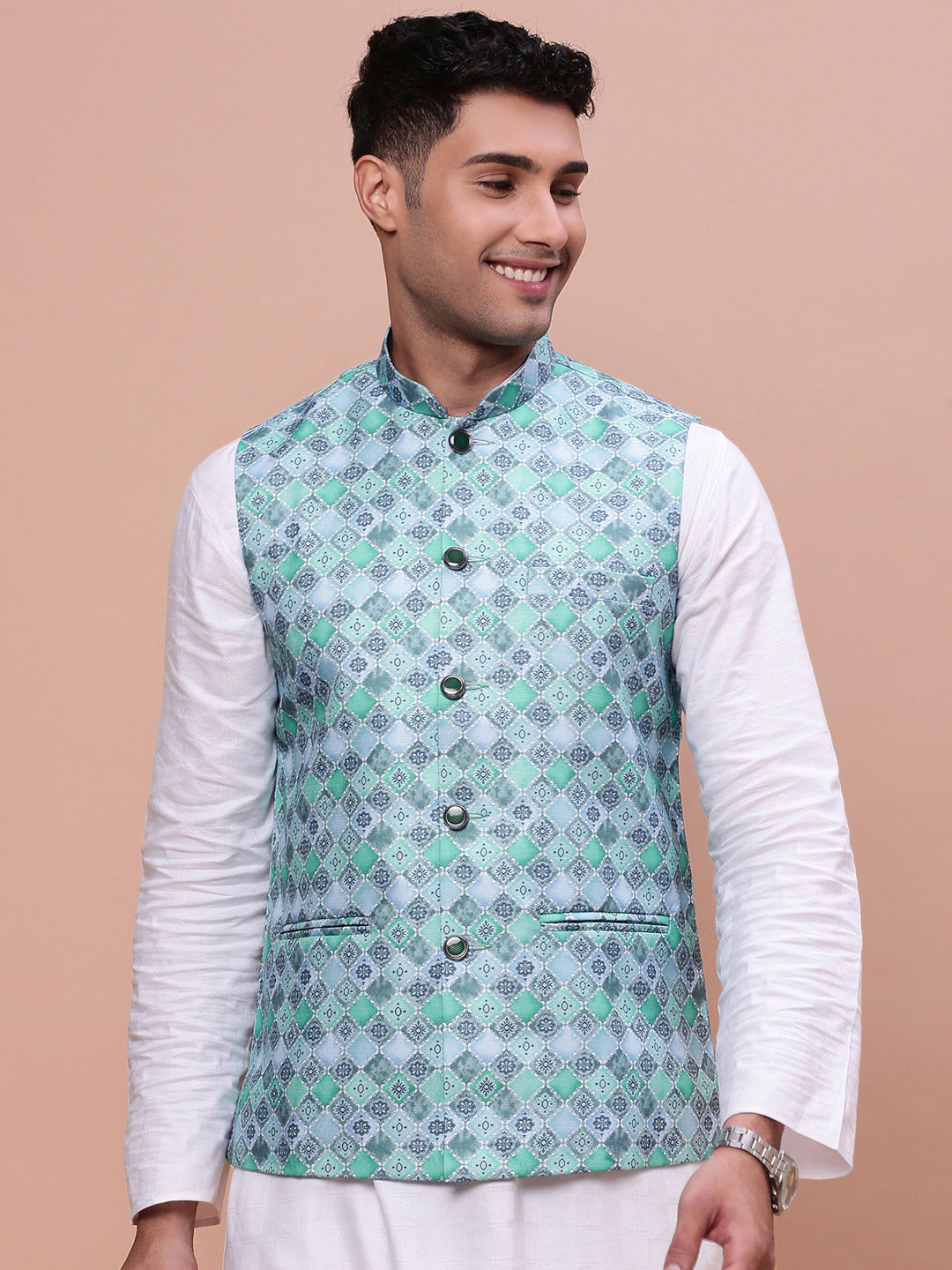 Men Printed Turquoise Blue Slim Fit Nehru Jacket