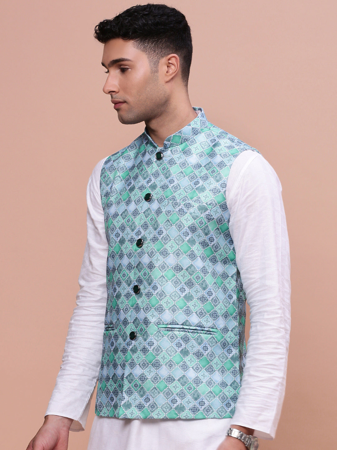 Men Printed Turquoise Blue Slim Fit Nehru Jacket