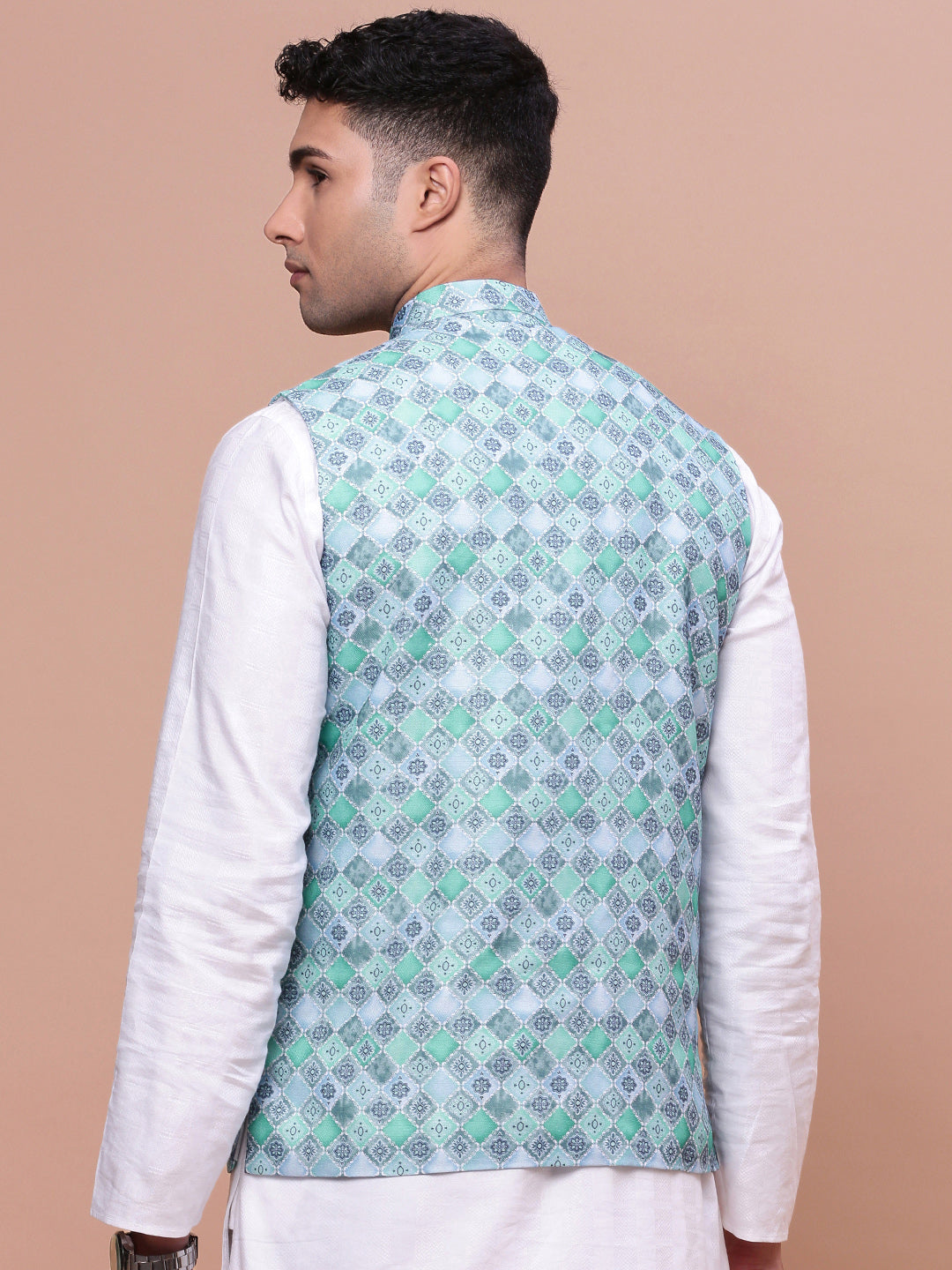 Men Printed Turquoise Blue Slim Fit Nehru Jacket