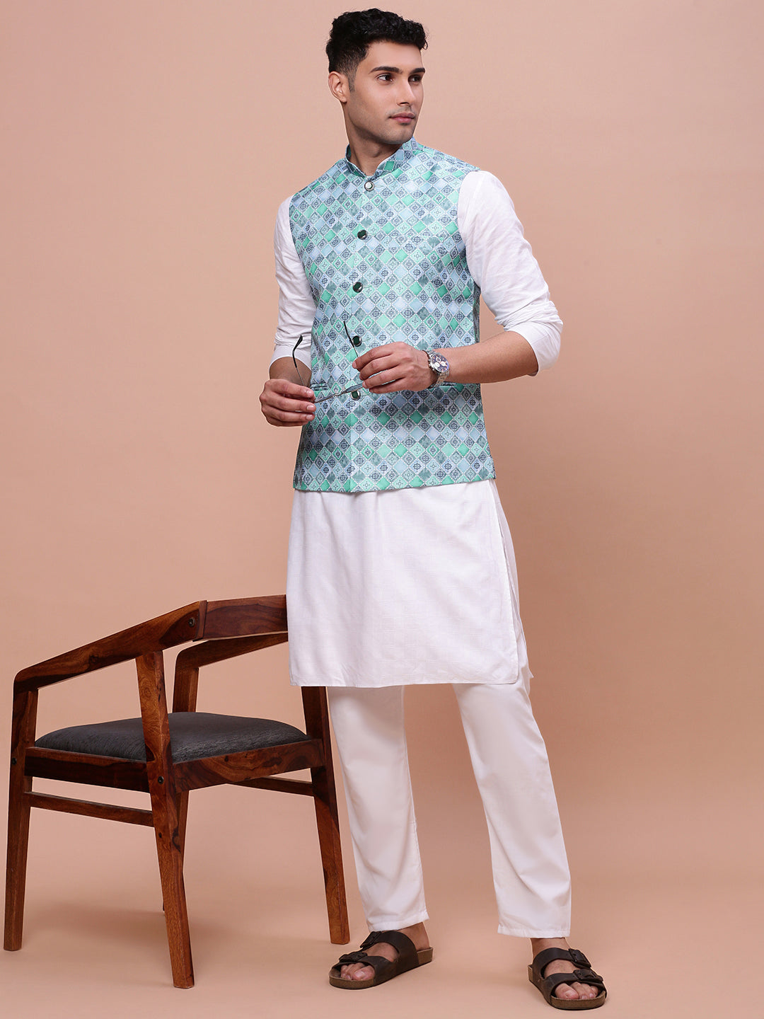 Men Printed Turquoise Blue Slim Fit Nehru Jacket