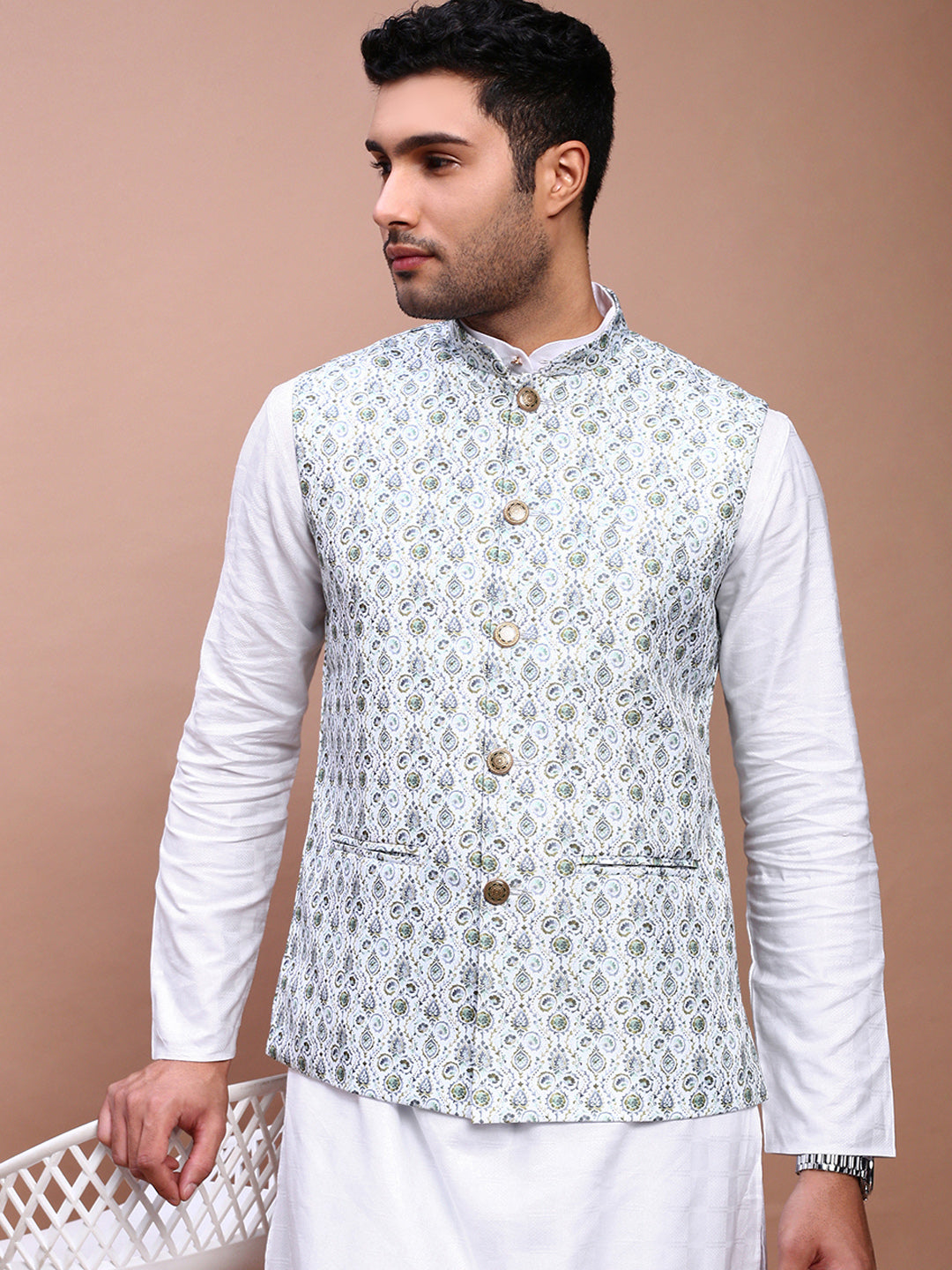 Men Printed Green Slim Fit Nehru Jacket