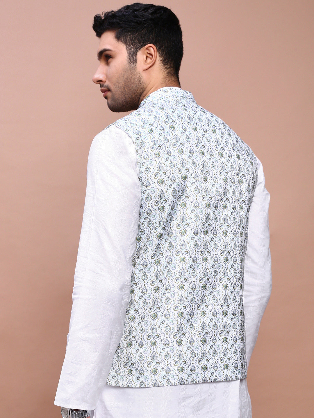 Men Printed Green Slim Fit Nehru Jacket