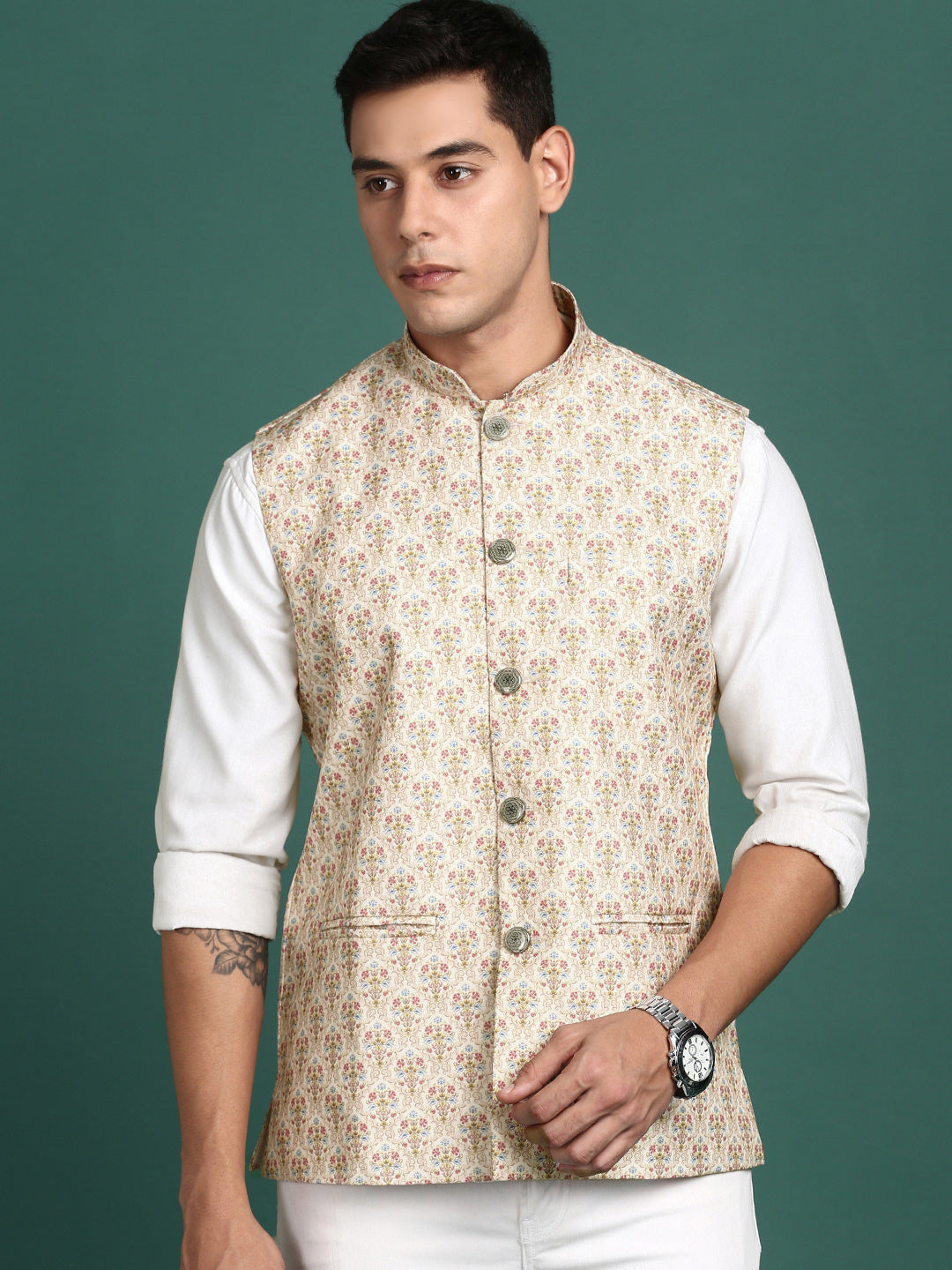 Men Printed Cream Slim Fit Nehru Jacket