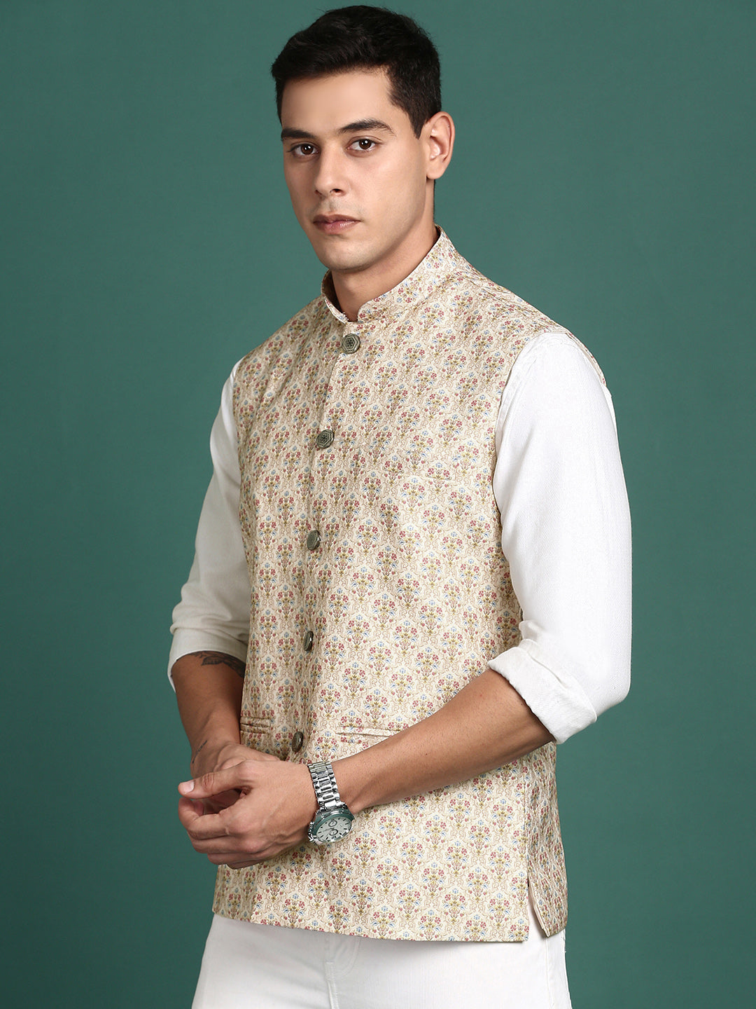 Men Printed Cream Slim Fit Nehru Jacket