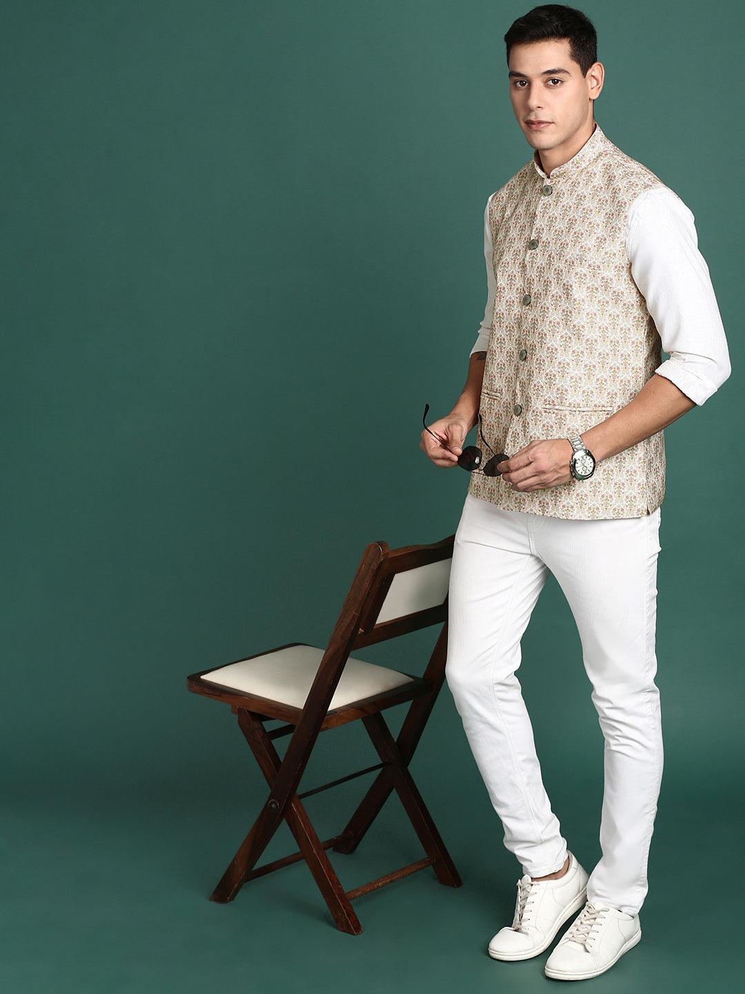 Men Printed Cream Slim Fit Nehru Jacket