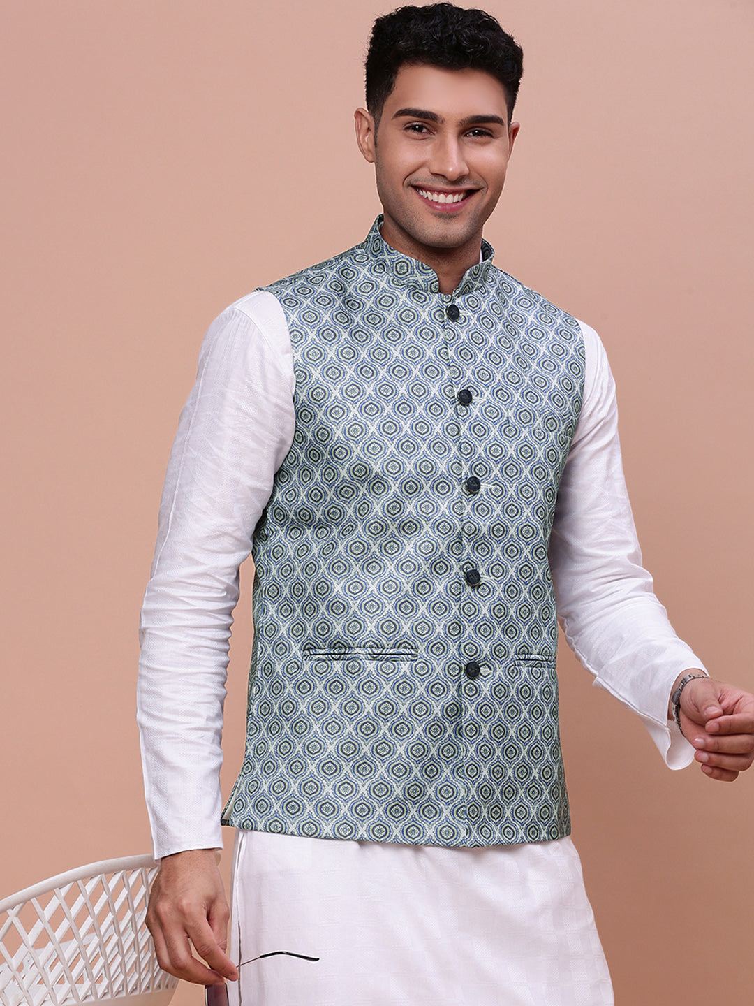 Men Printed Green Slim Fit Nehru Jacket