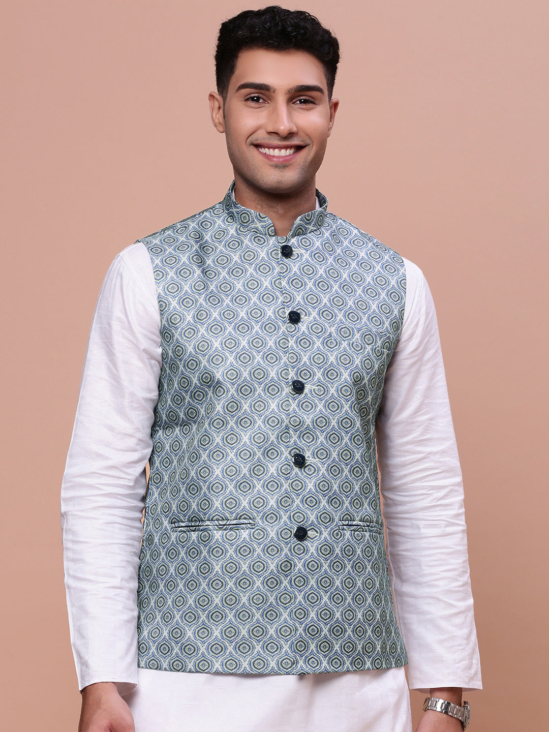 Men Printed Green Slim Fit Nehru Jacket